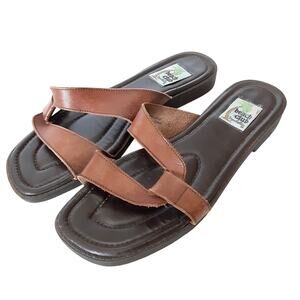 Saychelles Beach Club Sandals Brown Leather Slide On Square Toe Womens 8M Resort